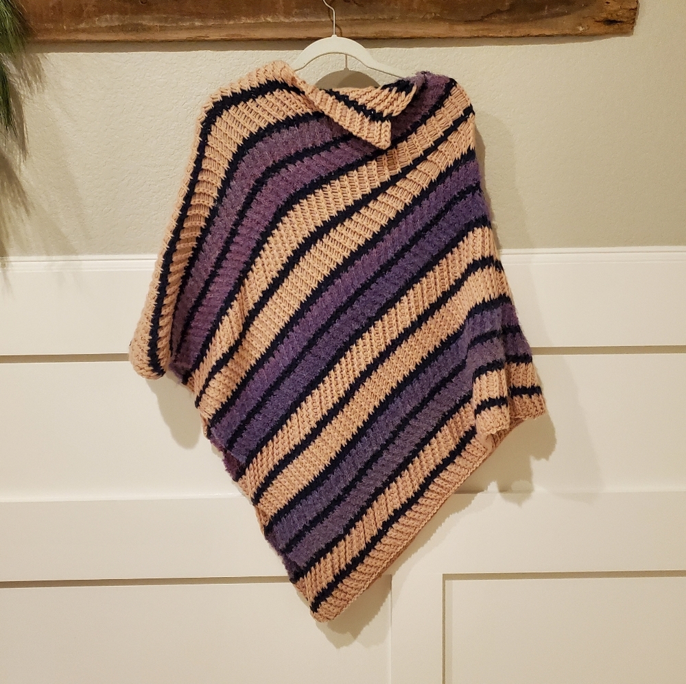 Renee's Wool Bl.Sweater Poncho/Shrug, Arms Holes, Asym.Stripe, OS, NWT